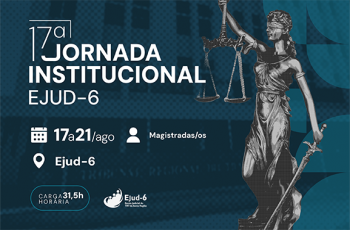 Arte azul tem o texto 17ª Jornada Institucional, com a imagem da deusa da justiça