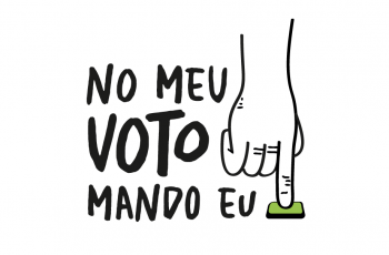 Card em fundo branco com imagem de mão em votação e texto No Meu Voto Mando Eu
