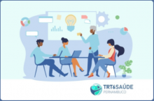 Arte com pessoas reunidas numa mesa de trabalho
